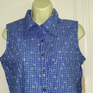 NWT Aura by Wrangler blue & white eyelet plaid check sleeveless cotton shirt